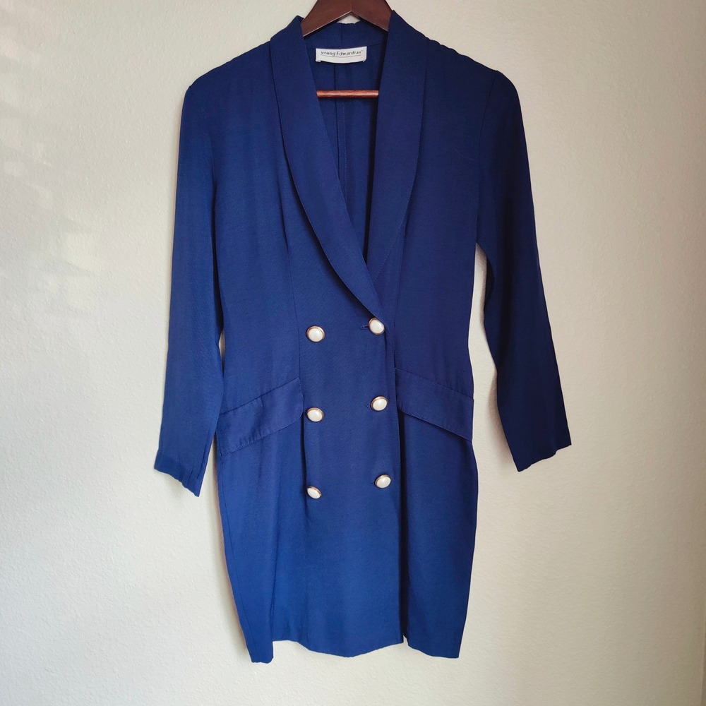 Vintage 80s Young Edwardian Royal Blue‎ Blazer Dress Pearl Buttons Retro Sheath